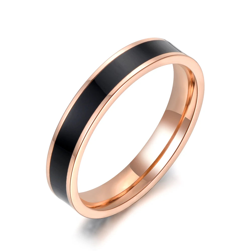 Lokaer Fashion Black/White Glaze Rose Gold Color Simple Party Rings Jewelry Stainless Steel Ring For Women Girls R18052