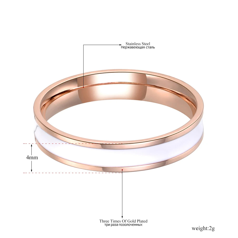 Lokaer Fashion Black/White Glaze Rose Gold Color Simple Party Rings Jewelry Stainless Steel Ring For Women Girls R18052