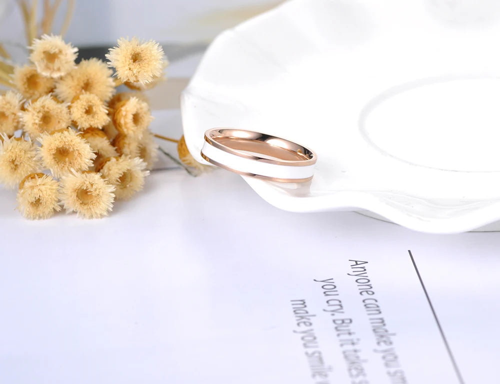 Lokaer Fashion Black/White Glaze Rose Gold Color Simple Party Rings Jewelry Stainless Steel Ring For Women Girls R18052