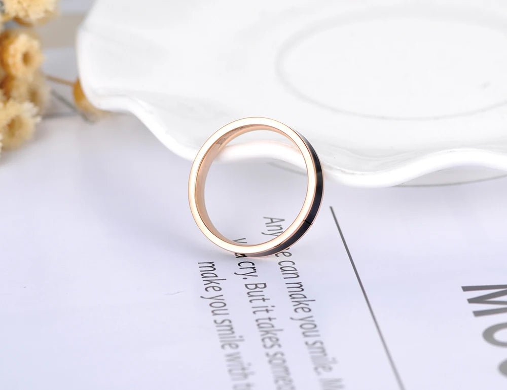 Lokaer Fashion Black/White Glaze Rose Gold Color Simple Party Rings Jewelry Stainless Steel Ring For Women Girls R18052
