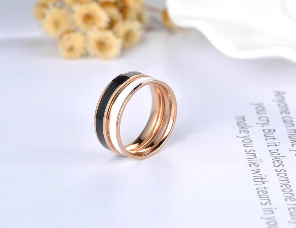 Lokaer Fashion Black/White Glaze Rose Gold Color Simple Party Rings Jewelry Stainless Steel Ring For Women Girls R18052