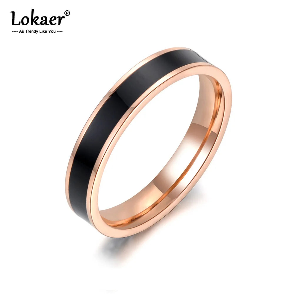 Lokaer Fashion Black/White Glaze Rose Gold Color Simple Party Rings Jewelry Stainless Steel Ring For Women Girls R18052