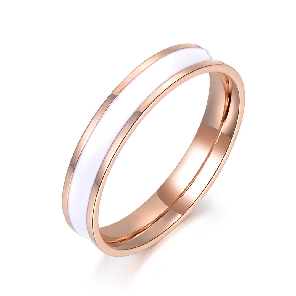 Lokaer Fashion Black/White Glaze Rose Gold Color Simple Party Rings Jewelry Stainless Steel Ring For Women Girls R18052