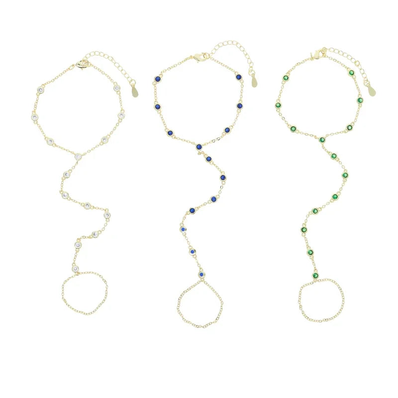 CZ Station Link Chain Long Hand Slave Bracelet Gold Plated Green Blue White Cubic Zirconia CZ Trendy Women Jewelry