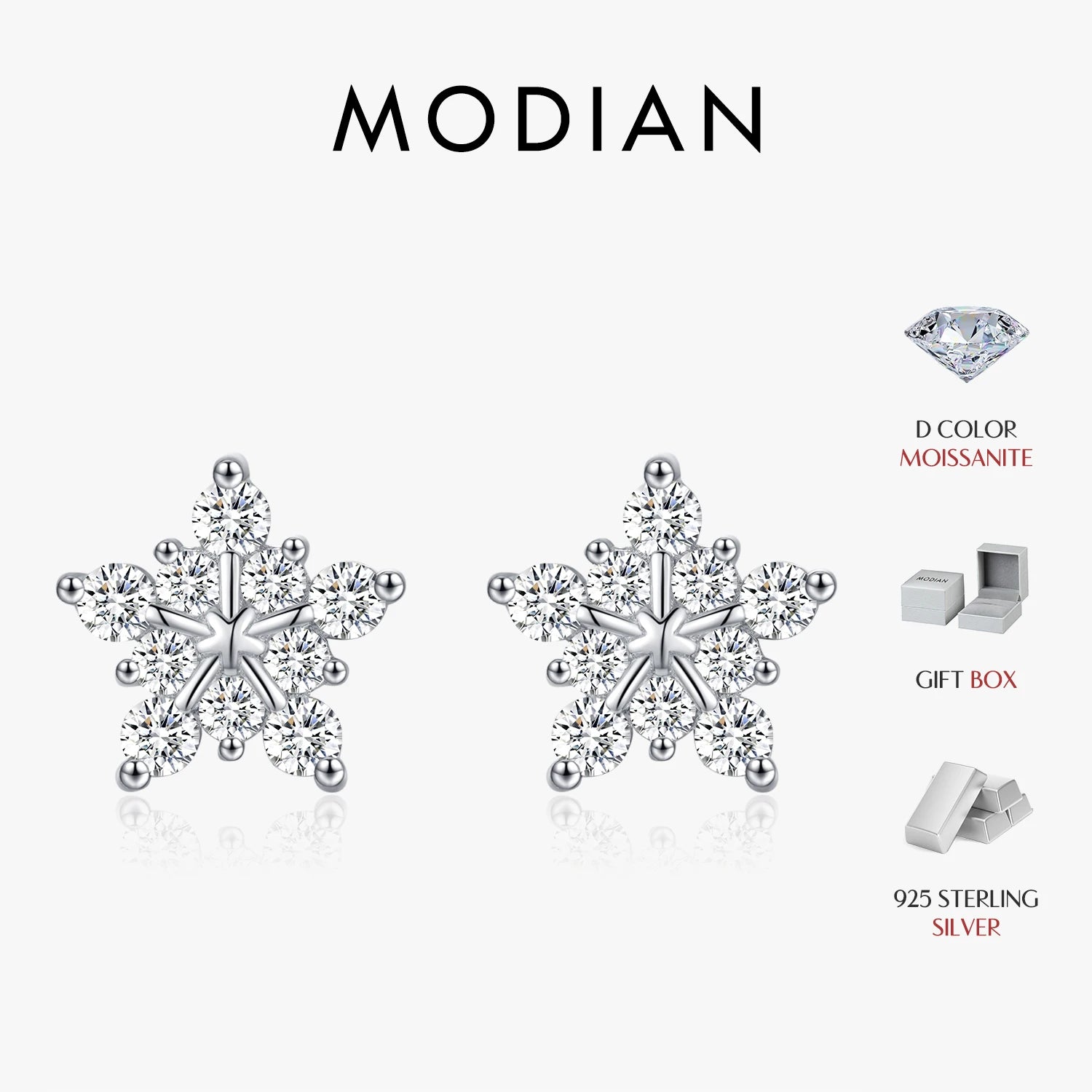 MODIAN D Color Dazzling Moissanite Earrings 925 Sterling Silver Trendy Cute Snowflake Stud Earrings For Women Fine Jewelry