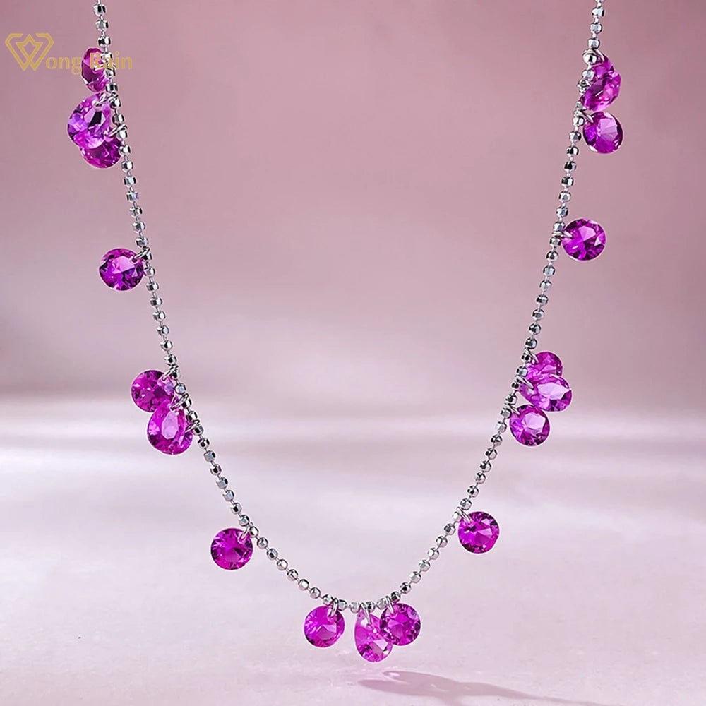 Wong Rain 100% 925 Sterling Silver Round Cut Lab Pink Sapphire Gemstone Pendant Necklace for Women Jewelry Girls Gifts Wholesale