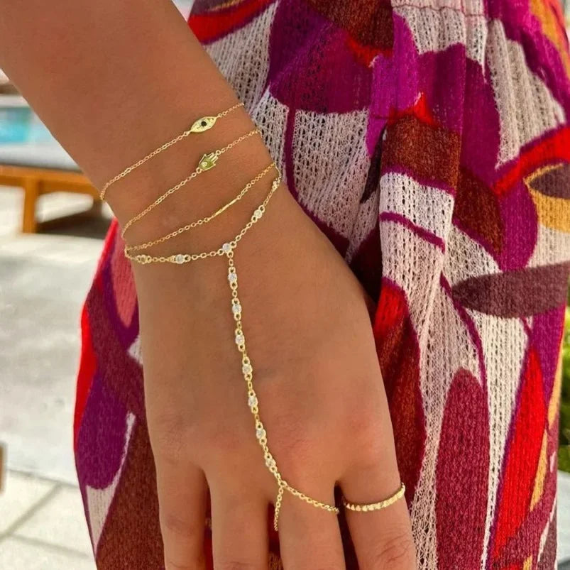 CZ Station Link Chain Long Hand Slave Bracelet Gold Plated Green Blue White Cubic Zirconia CZ Trendy Women Jewelry