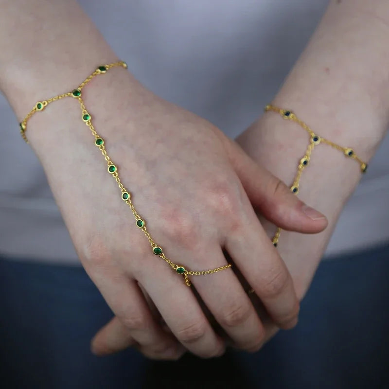 CZ Station Link Chain Long Hand Slave Bracelet Gold Plated Green Blue White Cubic Zirconia CZ Trendy Women Jewelry