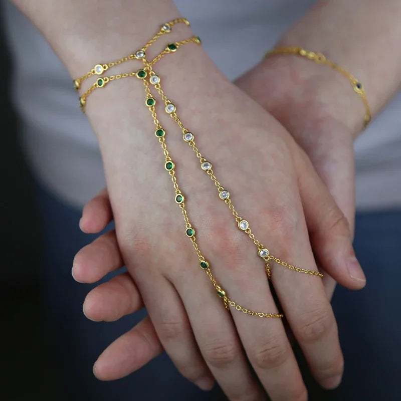 CZ Station Link Chain Long Hand Slave Bracelet Gold Plated Green Blue White Cubic Zirconia CZ Trendy Women Jewelry