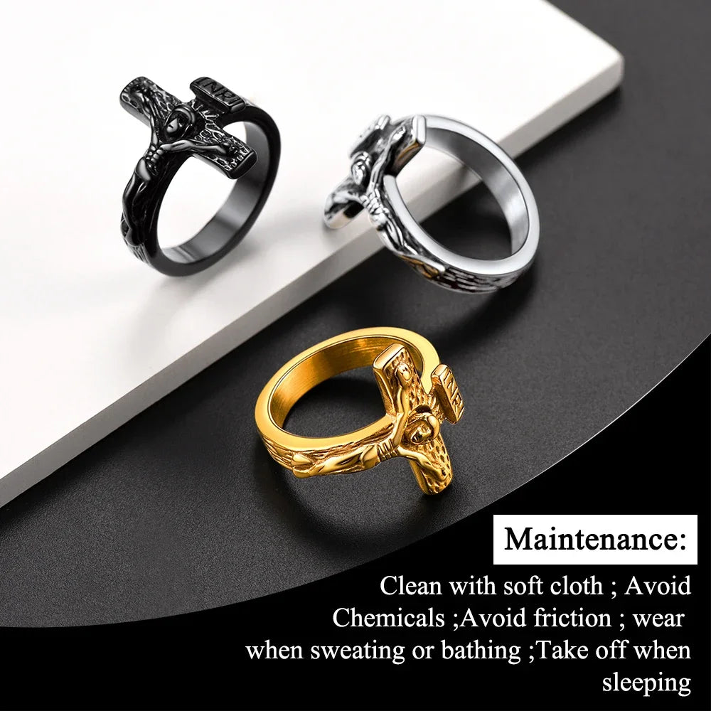 U7 3D Jesus INRI Cross Rings for Man Woman Size 7-12 Stainless Steel Vintage Religious Christian Signet Ring Jewelry Gift