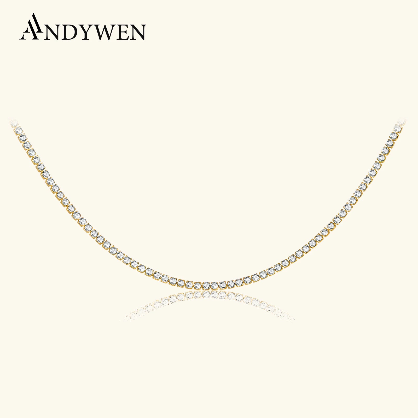 ANDYWEN 925 Sterling Silver 2022 Gold 2mm Tennis CZ Chain Necklace Long Choker Women Crystal Luxury Fine Jewelry Gift